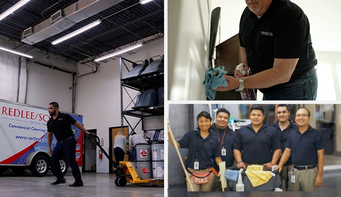 Collage showing office space cleaning, and professional cleaning team Collage showing office space cleaning, and professional cleaning team